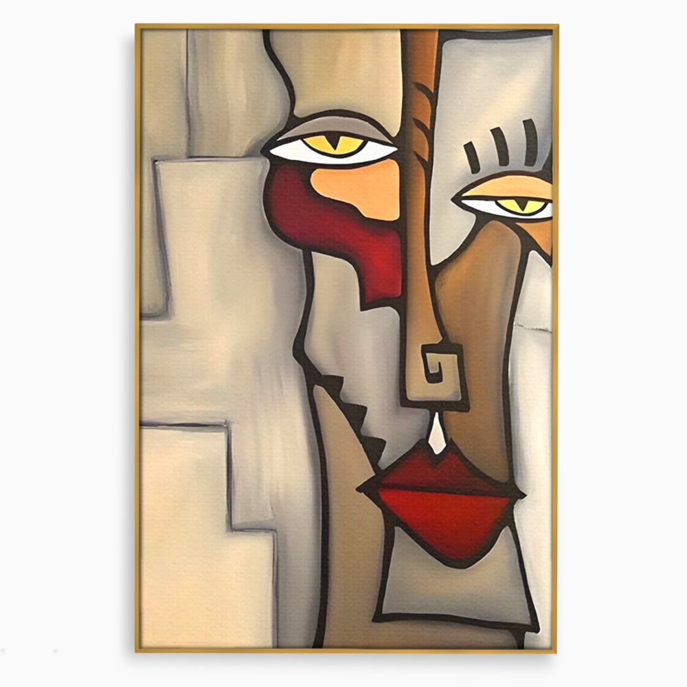 Tablou canvas cu tablou canvas cu portret cubist, in rama de aluminiu auriu